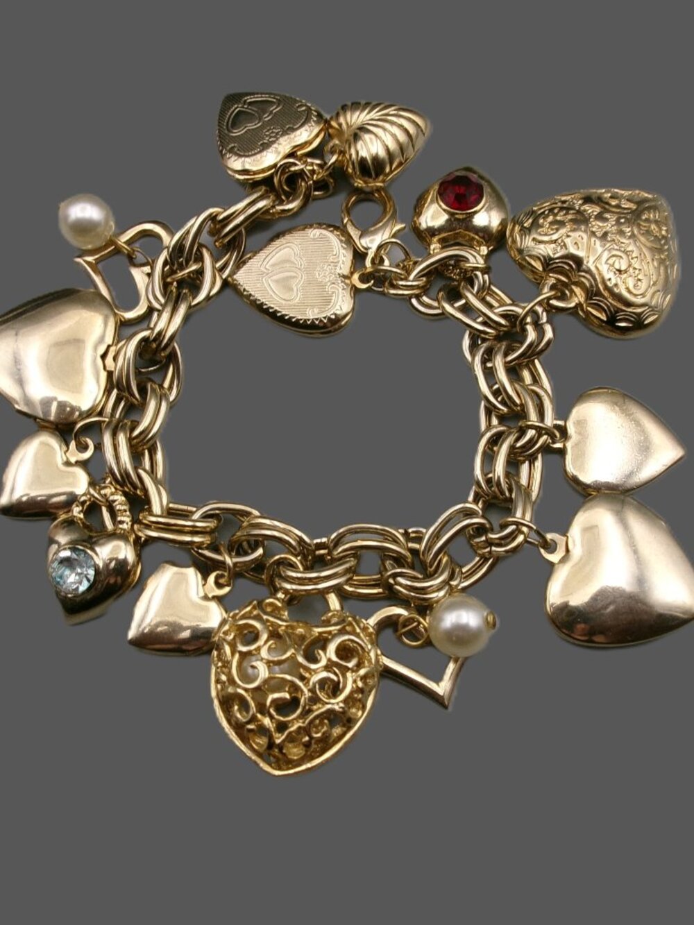 Vintage Gold Plated Multi Heart Charm Bracelet, Filigree, Faux Pearls, Lockets
